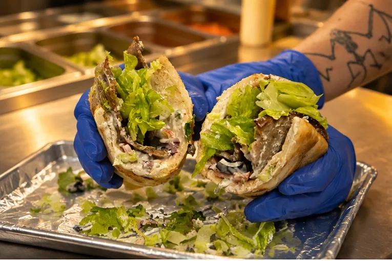Old World Gyro held open in gloved hands at the PV Deli counter