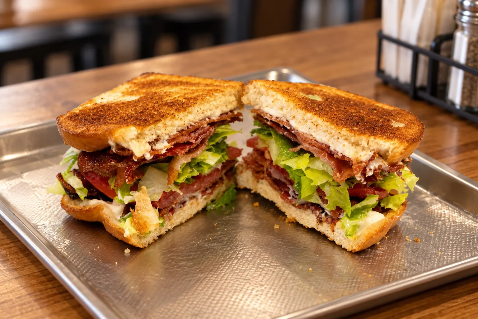 Classic BLT cut in half, piled with crispy bacon, romaine and tomato on toasted sourdough