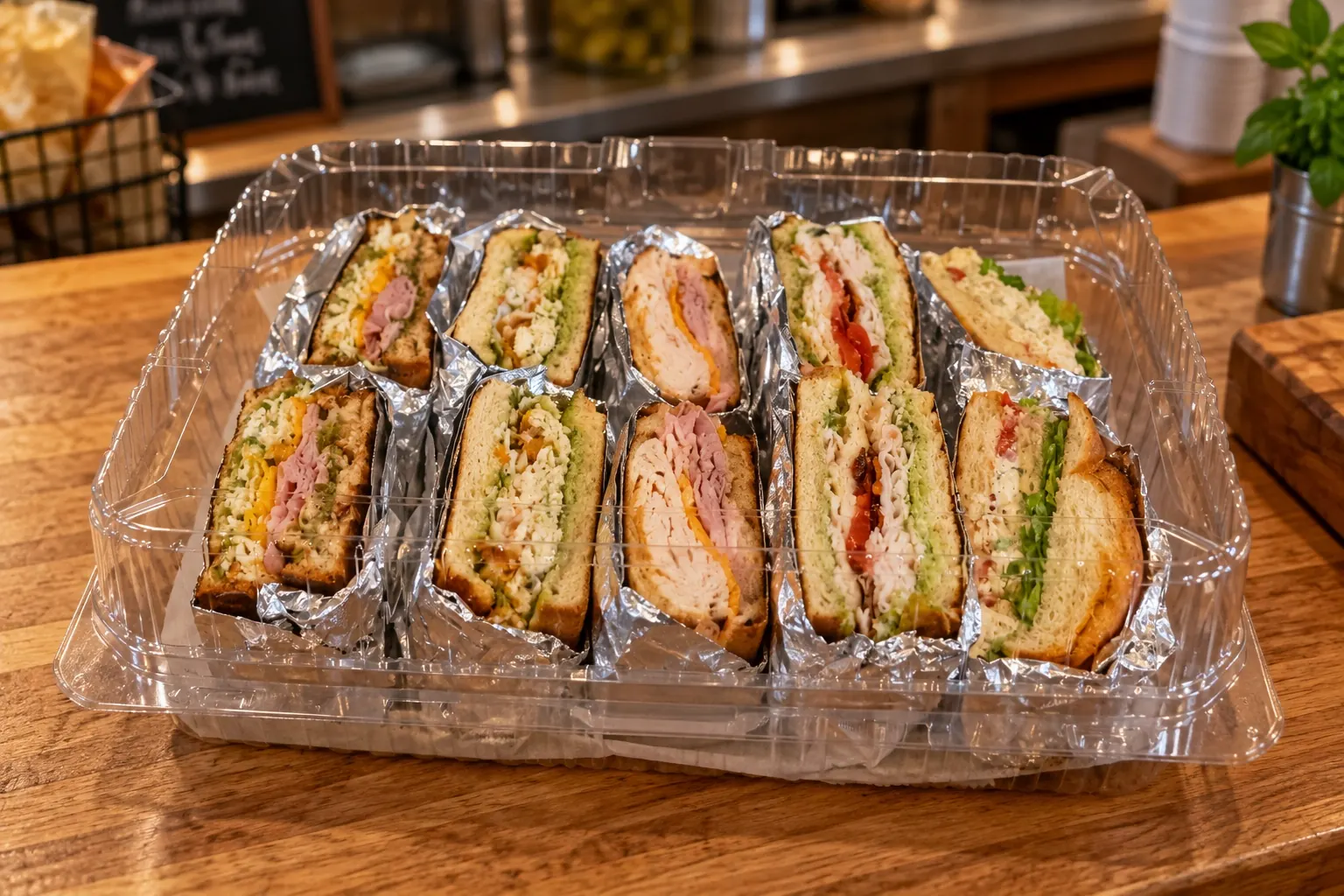 A PV Deli lunch tray of sandwiches cut in half and wrapped, ready to share